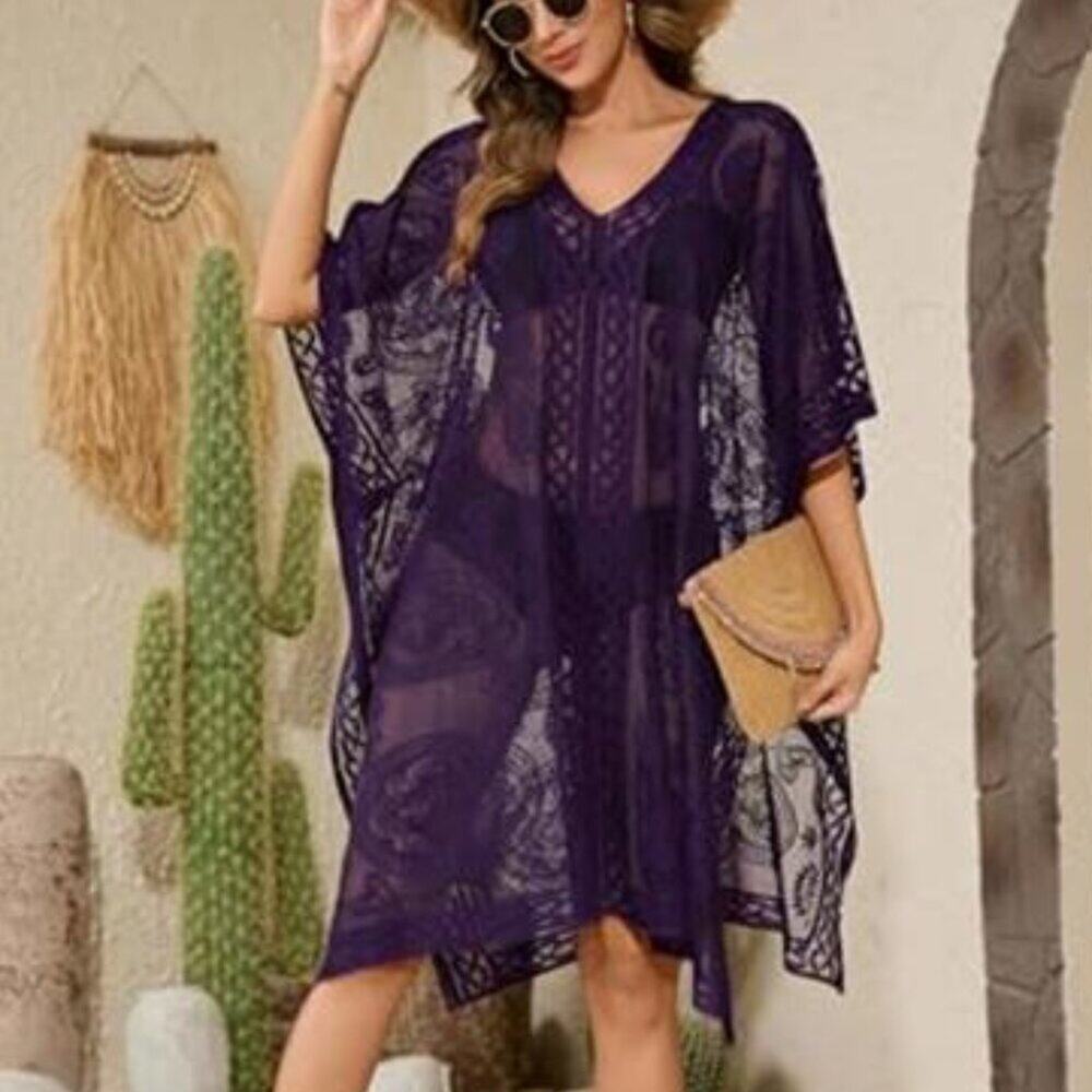 Sexy Elegant Purple Lace Beach Cover Up for Women, Bathing Suit Cover Up, V-Neck
